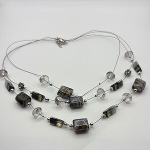 Multi-Strand Necklace with Smoky Art Glass Beads Wire Necklace 18-20”